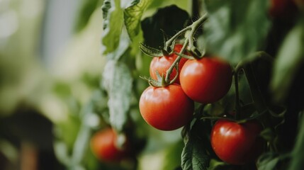 Fresh Red Tomatoes on Green Vines in Garden Setting