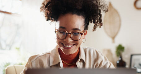 Poster - Laptop, smile and woman at desk in home office with online report, schedule or email. Computer, remote work and happy consultant reading business plan, news or website for freelance project research