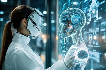 Poster - A Woman in a Protective Suit Examining a Holographic Human Model