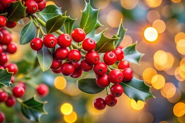 Canvas Print - festive close-up of holly berries and lights holidays christmas atmosphere