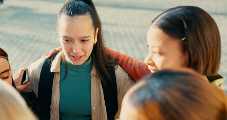Poster - Students, girls or discussion outdoor on campus for conversation, university gossip and backpack in circle. College, friends and bonding with huddle, learning break and happy for study scholarship