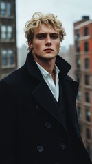 Poster - A man in a black coat and white shirt stands in front of a building