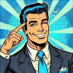 A retro comic-style illustration of a confident businessman winking and pointing to his head, suggesting a clever or smart idea