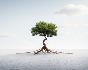 A tree with its roots wrapped in chains, unable to grow.