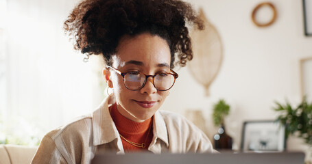 Wall Mural - Laptop, glasses and woman at desk in home office with online report, schedule or email. Computer, remote work and consultant reading business plan, article or website for freelance project research