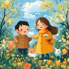 Springtime Characters in Flat Vector Illustration