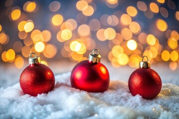 Wall Mural - red christmas ornaments in snow with golden lights holidays christmas