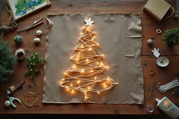 Creative diy christmas tree with string lights on fabric background.