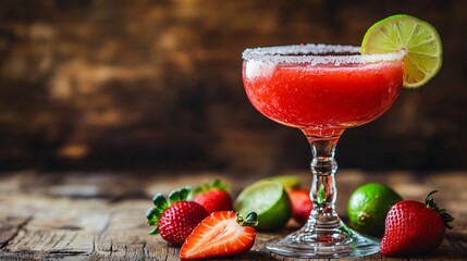 Vibrant strawberry margarita with a sugared rim, isolated on a rustic wooden background with decorative strawberries and lime slices