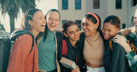 Sticker - Friends, girls and students with backpack laughing together at campus for funny conversation and college joke. University, people and diversity with bonding, learning break and happy for scholarship