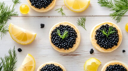 Caviar on mini blinis, isolated on a light wooden background with decorative lemon wedges and dill sprigs