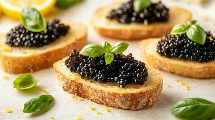 Elegant caviar crostini, isolated on a soft cream background with fresh basil and lemon zest