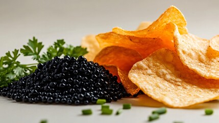 Red and black caviar duo on crispy chips, isolated on a soft beige background with decorative chives and parsley