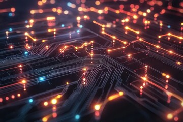 Poster - Futuristic Digital Circuit Background with Glowing Elements