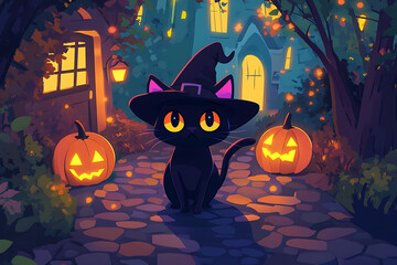 A whimsical black cat wearing a witch's hat stands among glowing pumpkins on a cobblestone path.