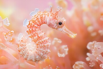 Sticker - A Close-Up of a Pink and White Seahorse Against a Blurry Coral Background