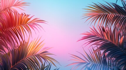 Poster - A tropical scene with a pink and blue background and palm trees