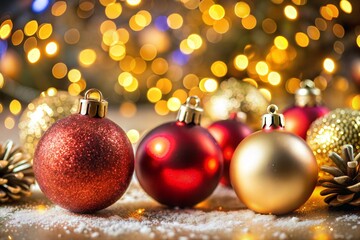 Wall Mural - festive close-up of christmas ornaments with bokeh lights holidays christmas