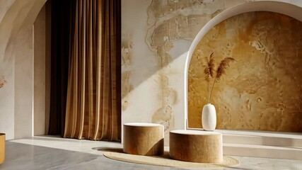 Wall Mural - sunlight streams through an arched doorway, illuminating a room with textured walls, a golden curtai