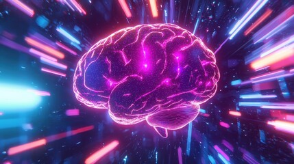 Poster - Vibrant Digital Brain Surrounded by Colorful Lights