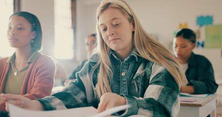 Aufkleber - education, reading or students in high school for learning, lesson or knowledge development. people,