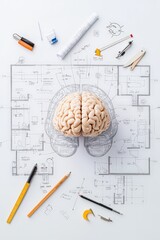 Poster - A brain surrounded by blueprints, representing the construction of a business.