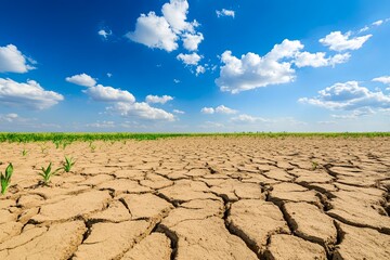 Parched earth with emerging crops under a bright blue sky