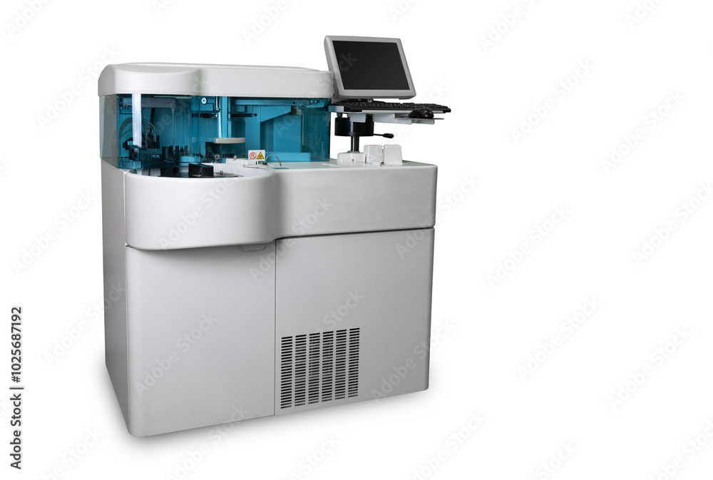 Automated medical analyzer in a laboratory setting, featuring a modern ...