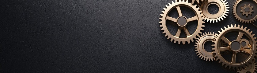 Poster - a set of golden gears gradually rotating against a textured, dark background, symbolizing the relent