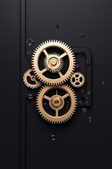 Poster - A pair of golden gears meshing perfectly within a timepiece, emphasizing precision and the passage of time. The image is framed to include ample copy space on a dark background.