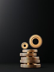 Poster - a vertical shot of golden gears stacked atop one another, rotating in perfect synchronization. the d