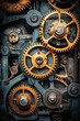 Golden Gears of Time, ancient mechanical clock, golden gears turning, rust and patina, timeless and mysterious
