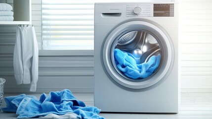 Washing machine with blue towels inside.