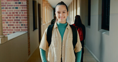 Poster - Happy, hallway and portrait of girl at academy with backpack for learning, studying or knowledge. Smile, teenager and student from Portugal in corridor of school for education class with scholarship.