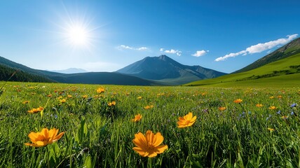 Vibrant field of yellow flowers under a bright sun with mountains in the background. A picturesque landscape showcasing the beauty of nature.