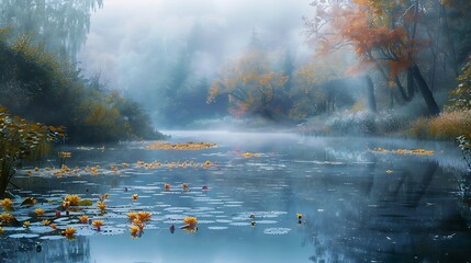 Autumn landscape in the early foggy morning on a beautiful lake with water lilies