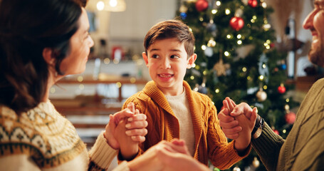 Sticker - Family, prayer and holding hands in home for Christmas, solidarity and gratitude with spiritual connection. Parents, boy and worship in living room for thanks, faith and vacation as Christian people