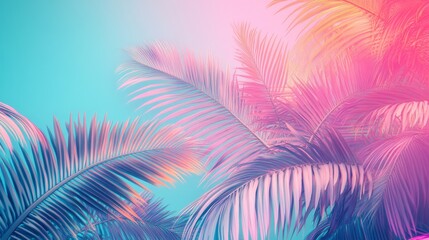 Poster - A tropical scene with a pink and blue background