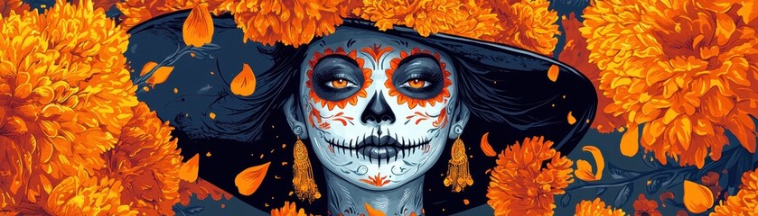 colorful day of the dead artwork featuring a woman with face paint and bright orange marigolds.