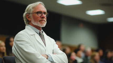 Poster - A man in a white lab coat is sitting in a classroom with a group of people. He is wearing glasses and has a serious expression on his face