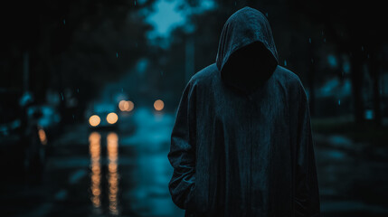 Poster - A person is walking down a street in the rain. The person is wearing a hooded jacket