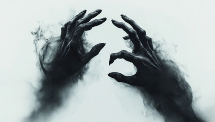 two hands from a smoky dark background conveying a sense of struggle or reaching out The hands are detailed and expressive suggesting themes of desperation desire or the supernatural The overall tone