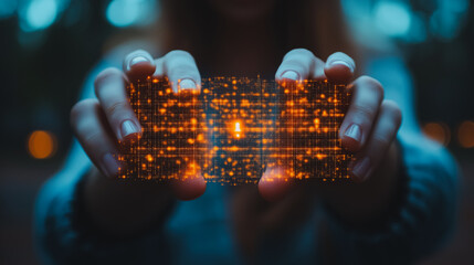 Poster - A woman is holding a glowing object in her hands. The object is a computer screen with a glowing red dot on it. Concept of technology and innovation