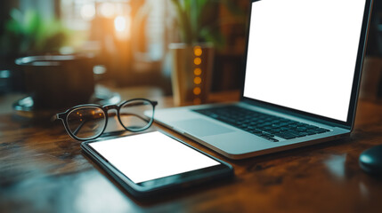 Poster - A laptop and a tablet are on a table with a cup of coffee. The laptop screen is blank, and the tablet is also blank. The scene suggests a moment of relaxation or contemplation