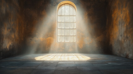 Poster - A window in a room with sunlight shining through it. The room is empty and has a moody atmosphere