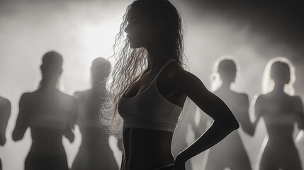 Wall Mural - A woman stands in front of a group of people, with her arms crossed. The image has a mood of tension and anticipation, as if the woman is waiting for something to happen