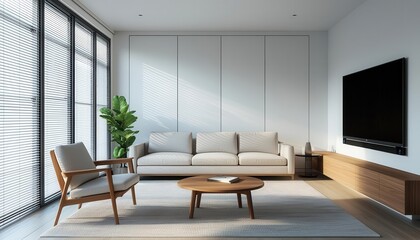 Modern living room featuring a cozy sofa, wooden chair, and a stylish coffee table, accented by a lush plant and large windows allowing natural light to illuminate the space.