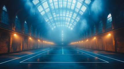 Poster - A large, empty tennis court with a blue sky in the background. The sky is cloudy and the air is misty