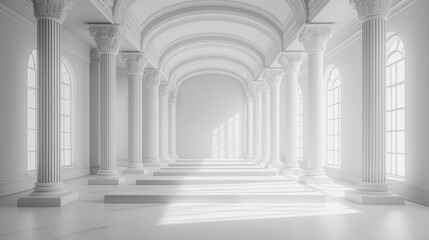 Poster - A large, empty room with white pillars and windows. The room is very spacious and has a very clean and minimalist look. The white walls and pillars give the room a sense of grandeur and elegance