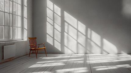Poster - A chair is sitting in front of a window in a room with white walls. The sunlight is shining through the window, creating a warm and inviting atmosphere. The room is empty